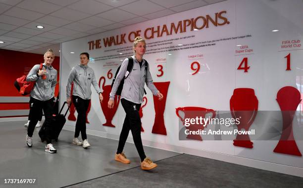 Yana Daniels, Jasmine Matthews and Rachael Laws of Liverpool Women arriving before the Barclays Women's Super League match between Liverpool FC and...