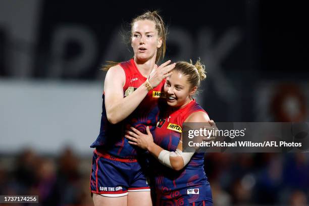 Eden Zanker and Tyla Hanks of the Demons celebrate during the 2023 AFLW Round 08 match between Narrm and The North Melbourne Tasmanian Kangaroos at...