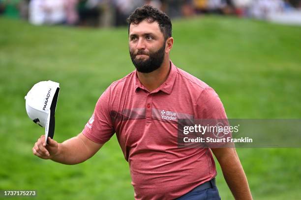 Jon Rahm of Spain waves as he leaves the 18th green on Day Four of the acciona Open de Espana presented by Madrid at Club de Campo Villa de Madrid on...