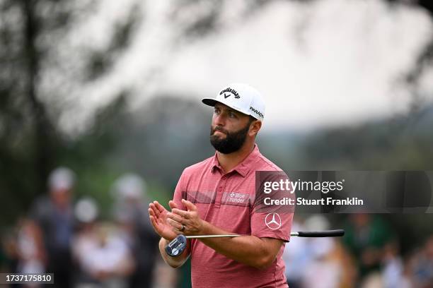 Jon Rahm of Spain claps on the 18th green on Day Four of the acciona Open de Espana presented by Madrid at Club de Campo Villa de Madrid on October...