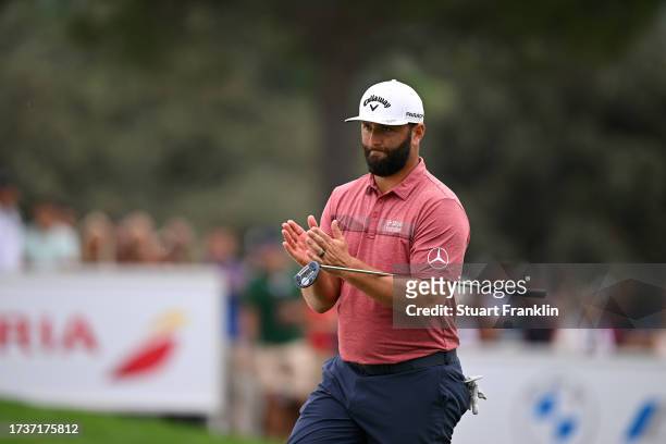 Jon Rahm of Spain claps on the 18th green on Day Four of the acciona Open de Espana presented by Madrid at Club de Campo Villa de Madrid on October...