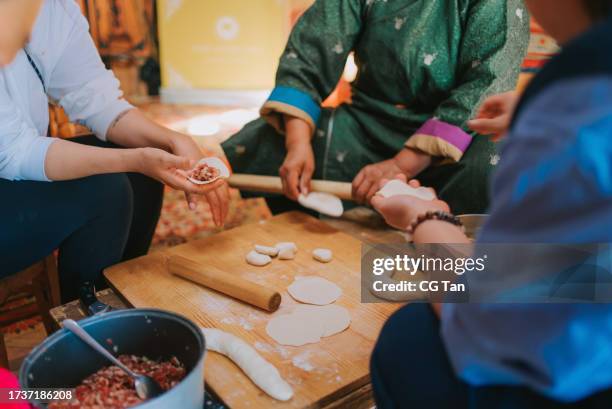 asian chinese female tourist learning preparing mongolian traditional dumpling buuz with local mongolian women in yurt kneading - mongoolse etniciteit stockfoto's en -beelden