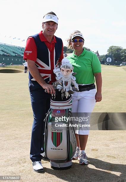 Sir Nick Faldo of England poses with former caddie Fanny Sunesson ahead of the 142nd Open Championship at Muirfield on July 17, 2013 in Gullane,...
