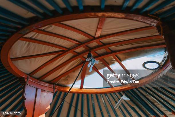 ceiling window of mongolian tradition yurt ger - mongolian culture stock pictures, royalty-free photos & images