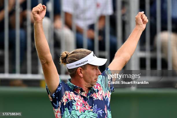 Marcel Siem of Germany reacts on the 18th green on Day Four of the acciona Open de Espana presented by Madrid at Club de Campo Villa de Madrid on...