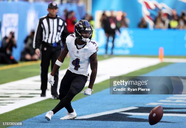 Zay Flowers of the Baltimore Ravens celebrates a 10 yard touchdown in the second quarter during the 2023 NFL London Games match between Baltimore...