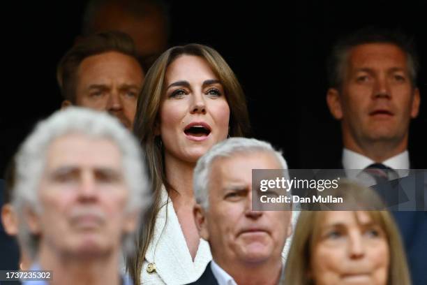 Catherine, Princess of Wales and Patron of the England Rugby Football Union , sings their national anthem prior to the Rugby World Cup France 2023...