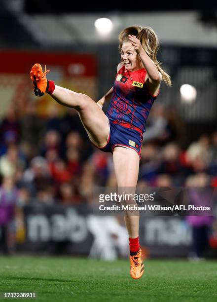 Eden Zanker of the Demons kicks the ball during the 2023 AFLW Round 08 match between Narrm and The North Melbourne Tasmanian Kangaroos at IKON Park...