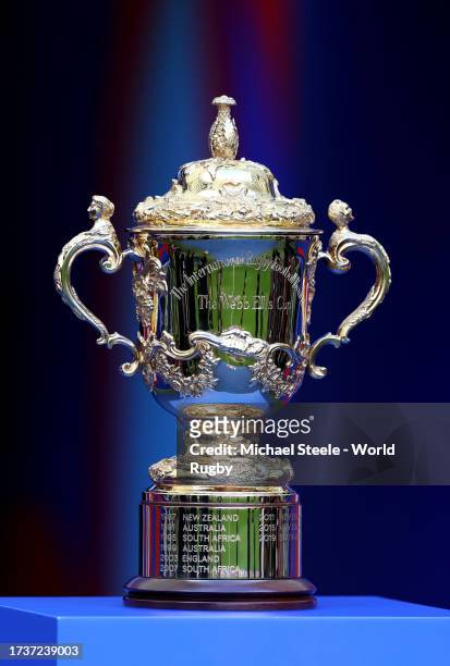 Detailed view of The Webb Ellis Cup prior to the Rugby World Cup France 2023 Quarter Final match between England and Fiji at Stade Velodrome on...