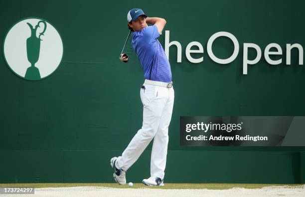 Rory McIlroy of Northern Ireland drives ahead of the 142nd Open Championship at Muirfield on July 17, 2013 in Gullane, Scotland.