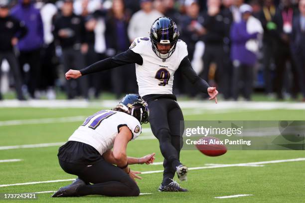 Justin Tucker of the Baltimore Ravens kicks a 28 yard field goal in the second quarter during the 2023 NFL London Games match between Baltimore...