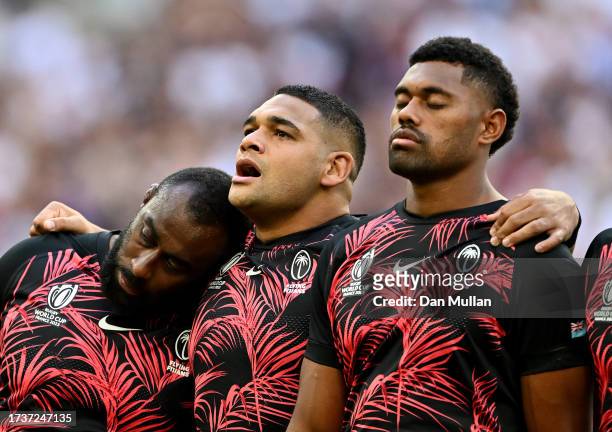 Sam Matavesi of Fiji looks emotional as he sings the national anthem following the passing of his father earlier in the week prior to the Rugby World...