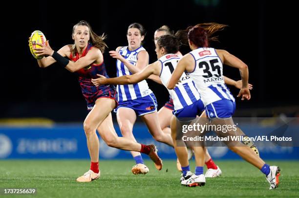 Casey Sherriff of the Demons in action during the 2023 AFLW Round 08 match between Narrm and The North Melbourne Tasmanian Kangaroos at IKON Park on...