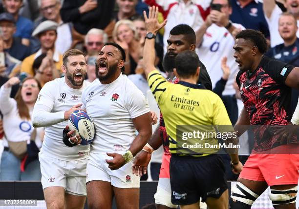 Manu Tuilagi of England celebrates scoring his team's first try during the Rugby World Cup France 2023 Quarter Final match between England and Fiji...