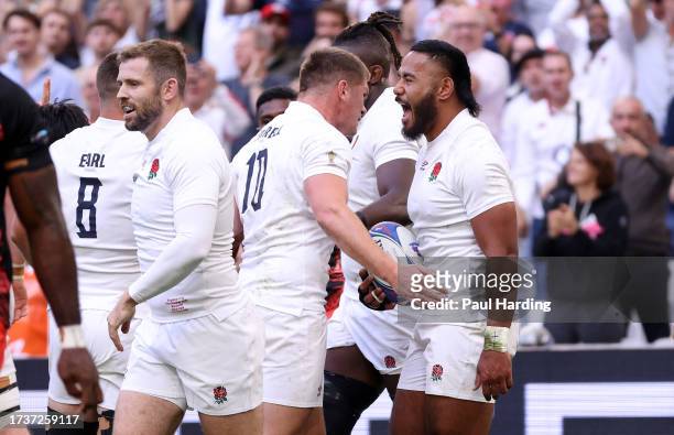 Manu Tuilagi of England celebrates scoring the team's first try during the Rugby World Cup France 2023 Quarter Final match between England and Fiji...