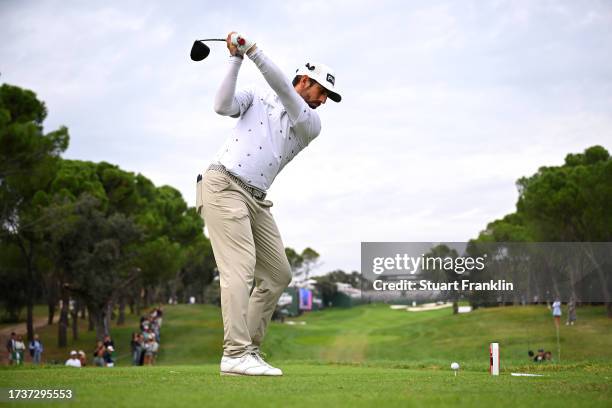 Matthieu Pavon of France tees off on the 18th hole on Day Four of the acciona Open de Espana presented by Madrid at Club de Campo Villa de Madrid on...