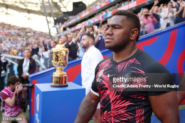 Josua Tuisova of Fiji takes to the field prior to the Rugby World Cup France 2023 Quarter Final match between England and Fiji at Stade Velodrome on...