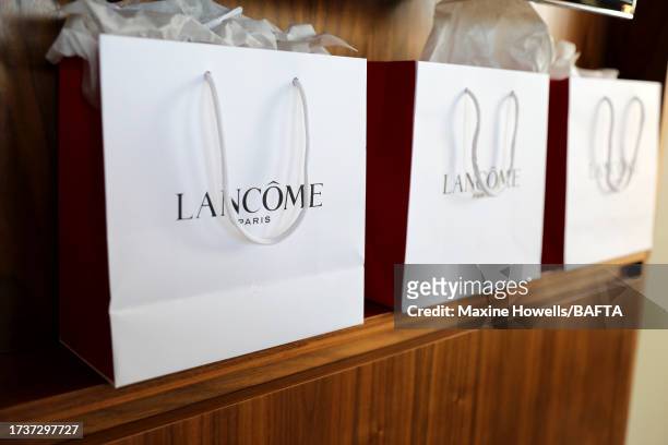 General view of Lancôme gift bags ahead of the BAFTA Cymru Awards 2023 held at the International Convention Centre Wales on October 15, 2023 in...