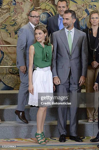 Princess Letizia of Spain and Prince Felipe of Spain attend audiences at Zarzuela Palace on July 17, 2013 in Madrid, Spain.