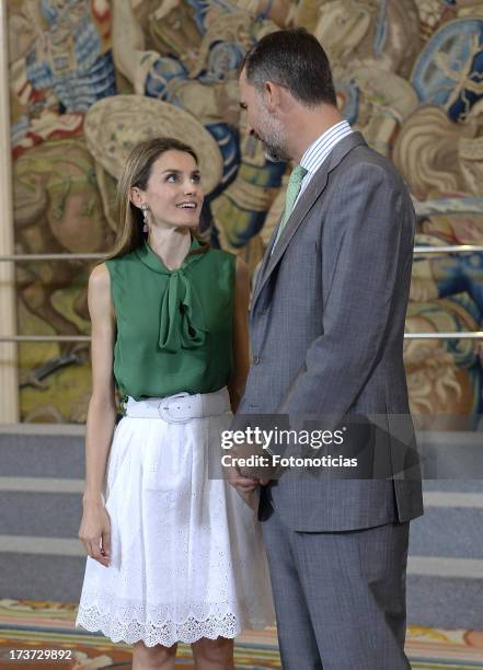 Princess Letizia of Spain and Prince Felipe of Spain attend audiences at Zarzuela Palace on July 17, 2013 in Madrid, Spain.