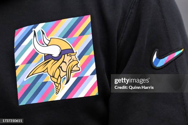 Close-up view of the Minnesota Vikings Crucial Catch logo prior to a game \achi at Soldier Field on October 15, 2023 in Chicago, Illinois.