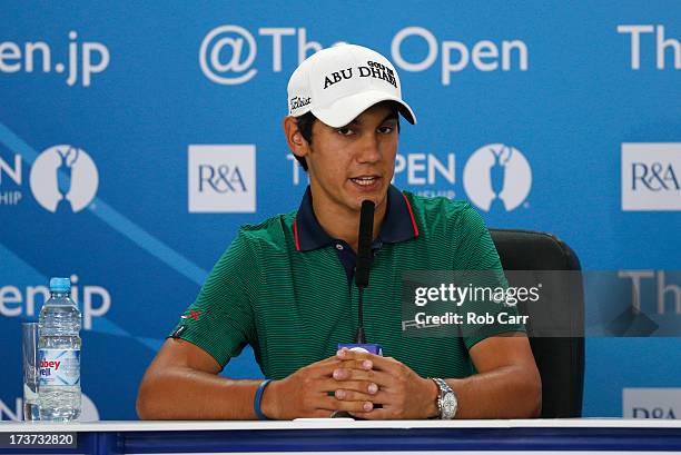 Matteo Manassero of Italy speaks at a press conference ahead of the 142nd Open Championship at Muirfield on July 17, 2013 in Gullane, Scotland.