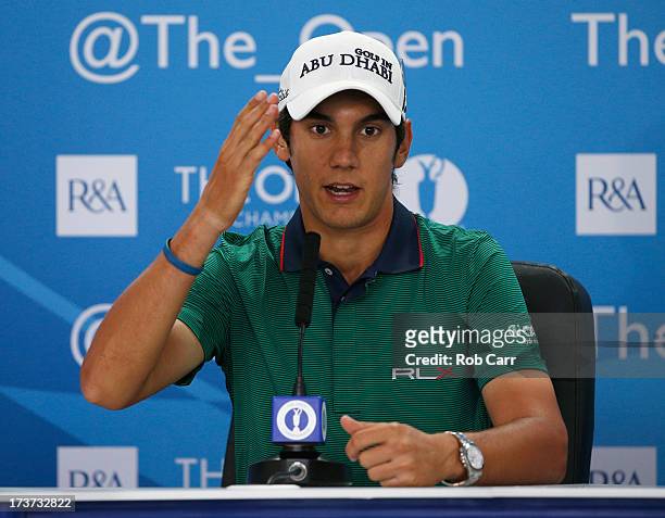 Matteo Manassero of Italy speaks at a press conference ahead of the 142nd Open Championship at Muirfield on July 17, 2013 in Gullane, Scotland.