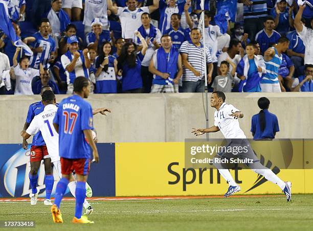 Midfielder Rony Martinez of Honduras celebrates his goal against Haiti during a 2013 CONCACAF Gold Cup soccer match on July 8, 2013 at Red Bull Arena...