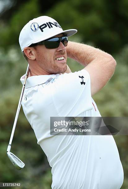 Hunter Mahan of the United States hits a shot ahead of the 142nd Open Championship at Muirfield on July 17, 2013 in Gullane, Scotland.