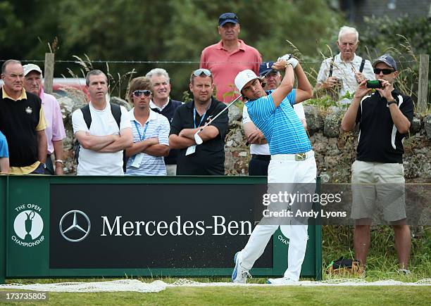 Rickie Fowler of the United States hits a tee shot ahead of the 142nd Open Championship at Muirfield on July 17, 2013 in Gullane, Scotland.