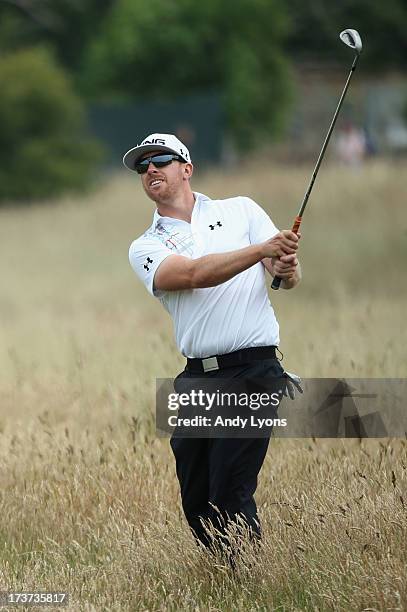 Hunter Mahan of the United States hits a shot from the rough ahead of the 142nd Open Championship at Muirfield on July 17, 2013 in Gullane, Scotland.