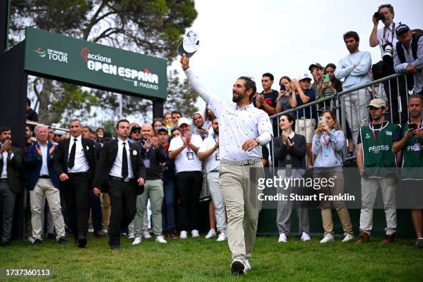 Matthieu Pavon of France celebrates winning on Day Four of the acciona Open de Espana presented by Madrid at Club de Campo Villa de Madrid on October...