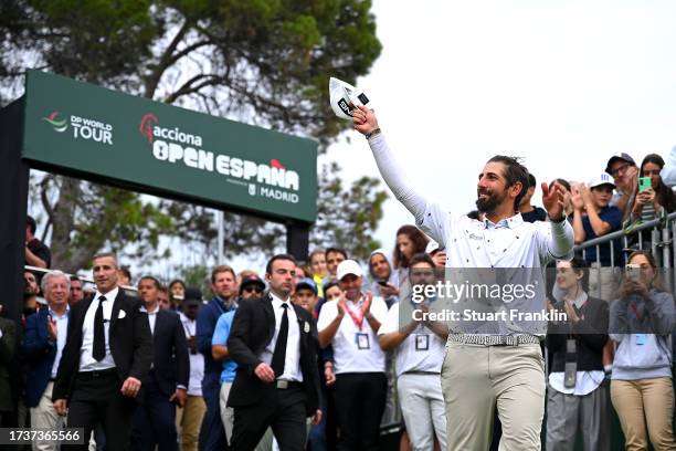 Matthieu Pavon of France celebrates winning on Day Four of the acciona Open de Espana presented by Madrid at Club de Campo Villa de Madrid on October...