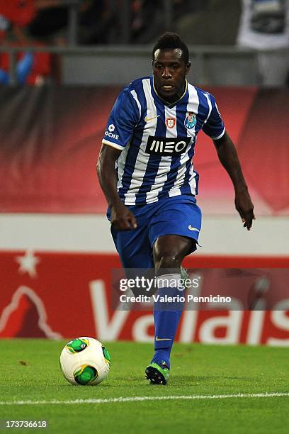 Varela of FC Porto in action during the pre-season friendly match between FC Porto and Olympique Marseille at Estadio Tourbillon on July 13, 2013 in...