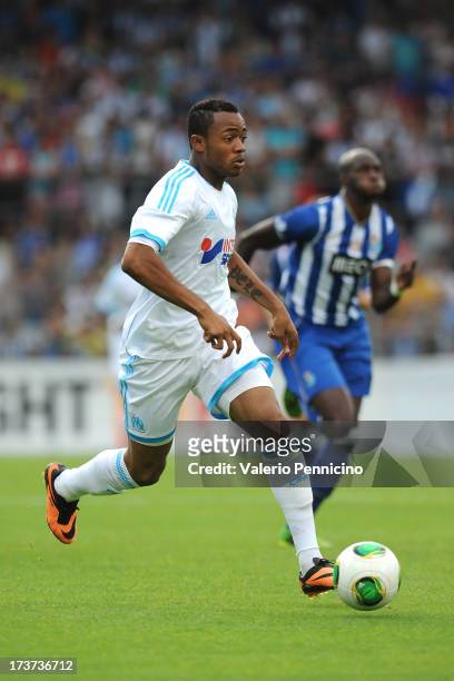 Jordan Ayew of Olympique Marseille in action during the pre-season friendly match between FC Porto and Olympique Marseille at Estadio Tourbillon on...