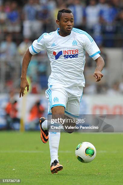 Jordan Ayew of Olympique Marseille in action during the pre-season friendly match between FC Porto and Olympique Marseille at Estadio Tourbillon on...