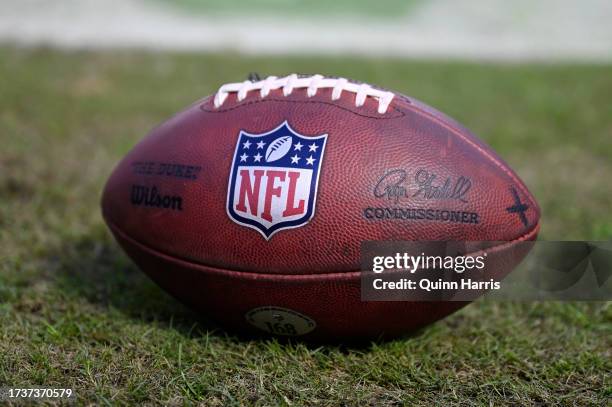 Detailed view of the NFL logo on a football prior to the game between the Minnesota Vikings and the Chicago Bears at Soldier Field on October 15,...