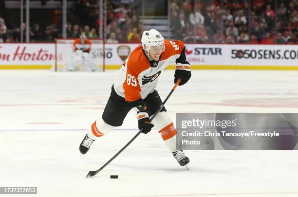 Cam Atkinson of the Philadelphia Flyers skates against the Ottawa Senators at Canadian Tire Centre on October 14, 2023 in Ottawa, Ontario, Canada.