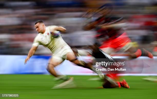 Ben Earl of England is tackled by Sireli Maqala of Fiji during the Rugby World Cup France 2023 Quarter Final match between England and Fiji at Stade...