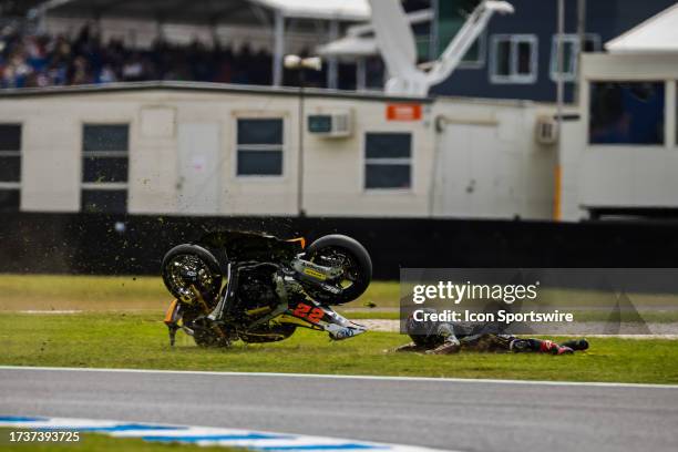 Sam of GBR on the Elf Marc VDS Racing Team KALEX crashes during Australian MotoGP at the Phillip Island Grand Prix Circuit on October 21, 2023 in...