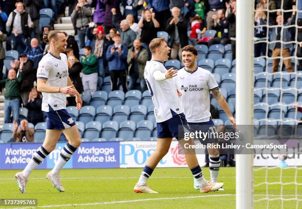 Preston North End's Mads Frokjaer-Jensen celebrates scoring the opening goal during the Sky Bet Championship match between Preston North End and...