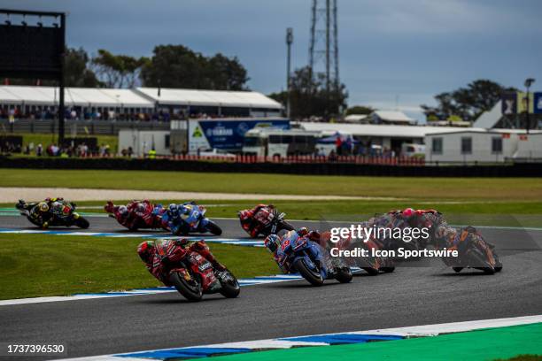 First lap during Australian MotoGP race at the Phillip Island Grand Prix Circuit on October 21, 2023 in Melbourne, Australia.