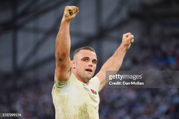 Ben Earl of England celebrates victory at full-time following the Rugby World Cup France 2023 Quarter Final match between England and Fiji at Stade...