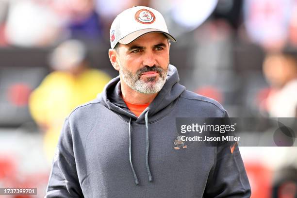 Head coach Kevin Stefanski of the Cleveland Browns looks on prior to a game against the San Francisco 49ers at Cleveland Browns Stadium on October...