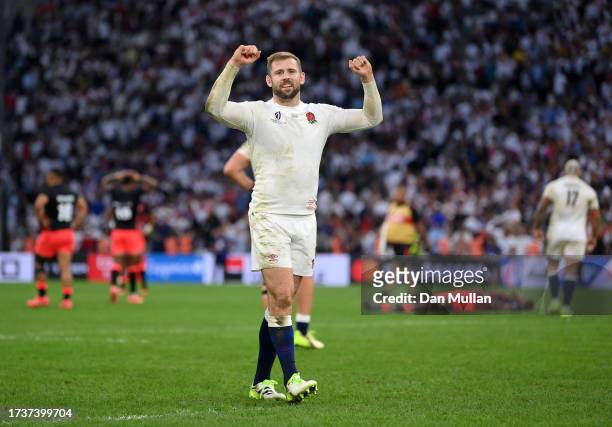 Elliot Daly of England celebrates victory at full-time following the Rugby World Cup France 2023 Quarter Final match between England and Fiji at...
