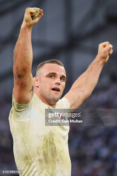 Ben Earl of England celebrates victory at full-time following the Rugby World Cup France 2023 Quarter Final match between England and Fiji at Stade...