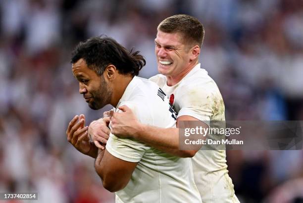 Billy Vunipola and Owen Farrell of England celebrate victory at full-time following the Rugby World Cup France 2023 Quarter Final match between...