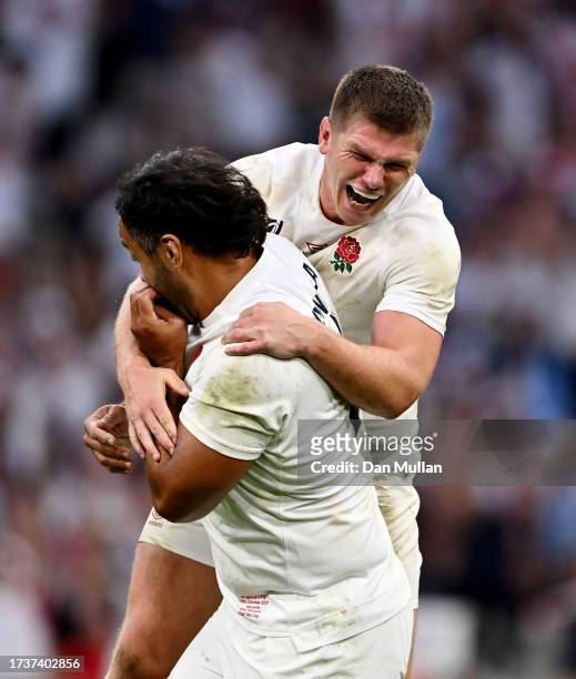 Billy Vunipola and Owen Farrell of England celebrate victory at full-time following the Rugby World Cup France 2023 Quarter Final match between...