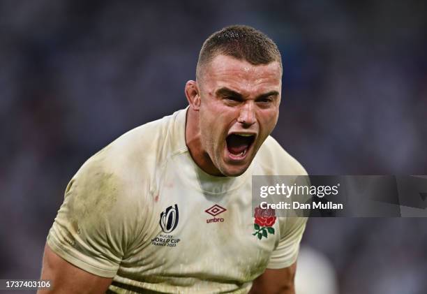 Ben Earl of England celebrates victory at full-time following the Rugby World Cup France 2023 Quarter Final match between England and Fiji at Stade...