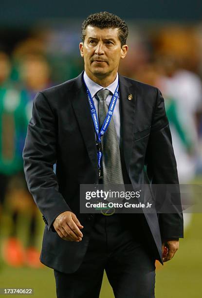 Head coach Jose Manuel de la Torre of Mexico walks off the pitch after the match against Canada at CenturyLink Field on July 11, 2013 in Seattle,...